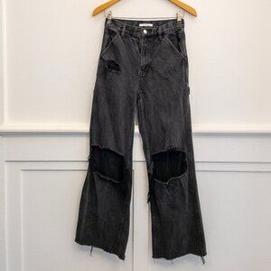 PACSUN Black Wide Leg Carpenter Jeans Distressed Ripped Knees Size 26